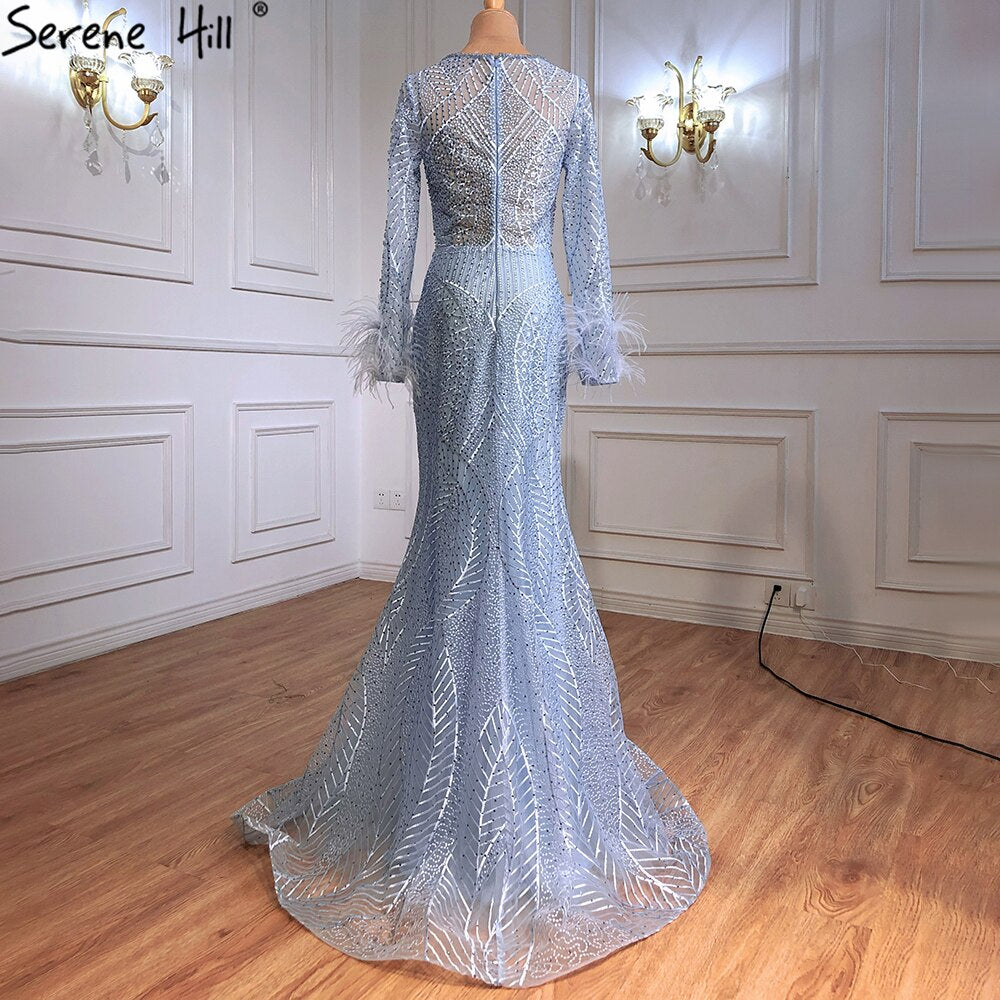Vestidos de noche de lujo con corte sirena azul, con plumas y cuentas, elegantes para mujer, para fiesta, talla grande 2025 LA70968 