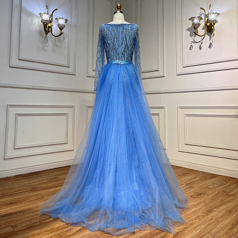 Vestido de noche elegante árabe con cuentas y perlas de lujo de sirena azul para mujer, fiesta de bodas LA71861 