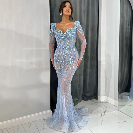 Vestido de noche elegante árabe con cuentas y perlas de lujo de sirena azul para mujer, fiesta de bodas LA71861 