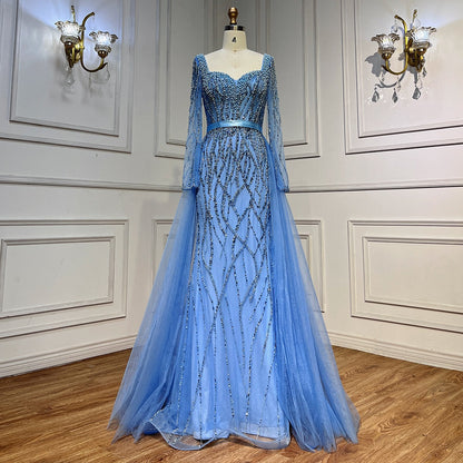 Vestido de noche elegante árabe con cuentas y perlas de lujo de sirena azul para mujer, fiesta de bodas LA71861 