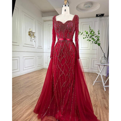 Vestido de noche elegante árabe con cuentas y perlas de lujo de sirena azul para mujer, fiesta de bodas LA71861 