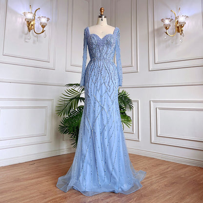 Vestido de noche elegante árabe con cuentas y perlas de lujo de sirena azul para mujer, fiesta de bodas LA71861 