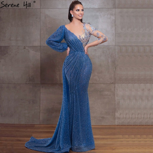 Vestido de noche azul sirena con escote redondo, estilo Dubái, mangas largas, apliques de cuentas y brillo, LA70759 