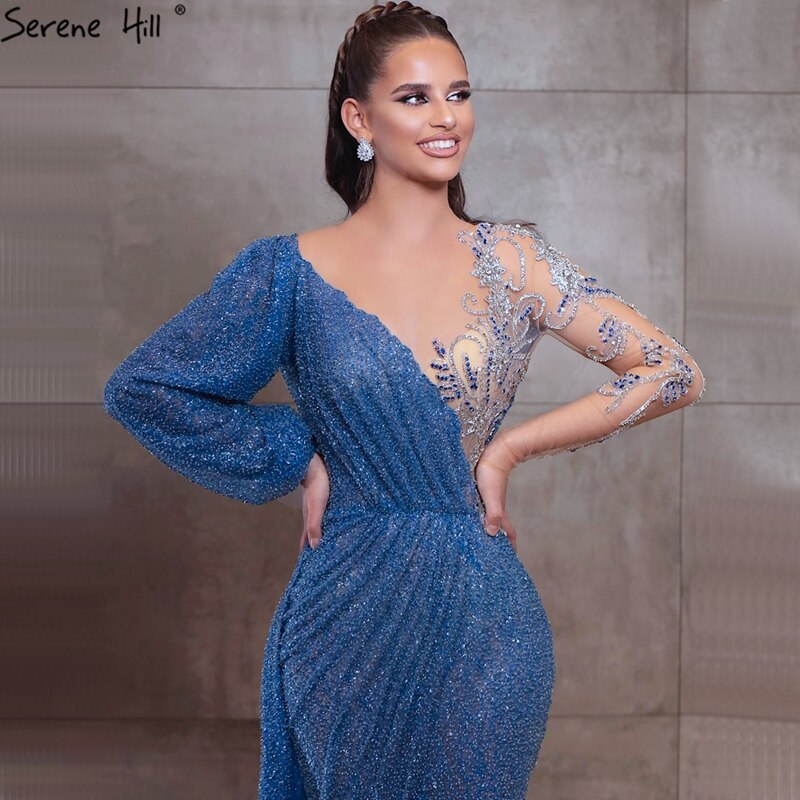 Vestido de noche azul sirena con escote redondo, estilo Dubái, mangas largas, apliques de cuentas y brillo, LA70759 
