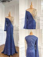 Vestido de noche azul sirena con escote redondo, estilo Dubái, mangas largas, apliques de cuentas y brillo, LA70759 
