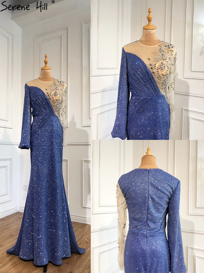 Vestido de noche azul sirena con escote redondo, estilo Dubái, mangas largas, apliques de cuentas y brillo, LA70759 