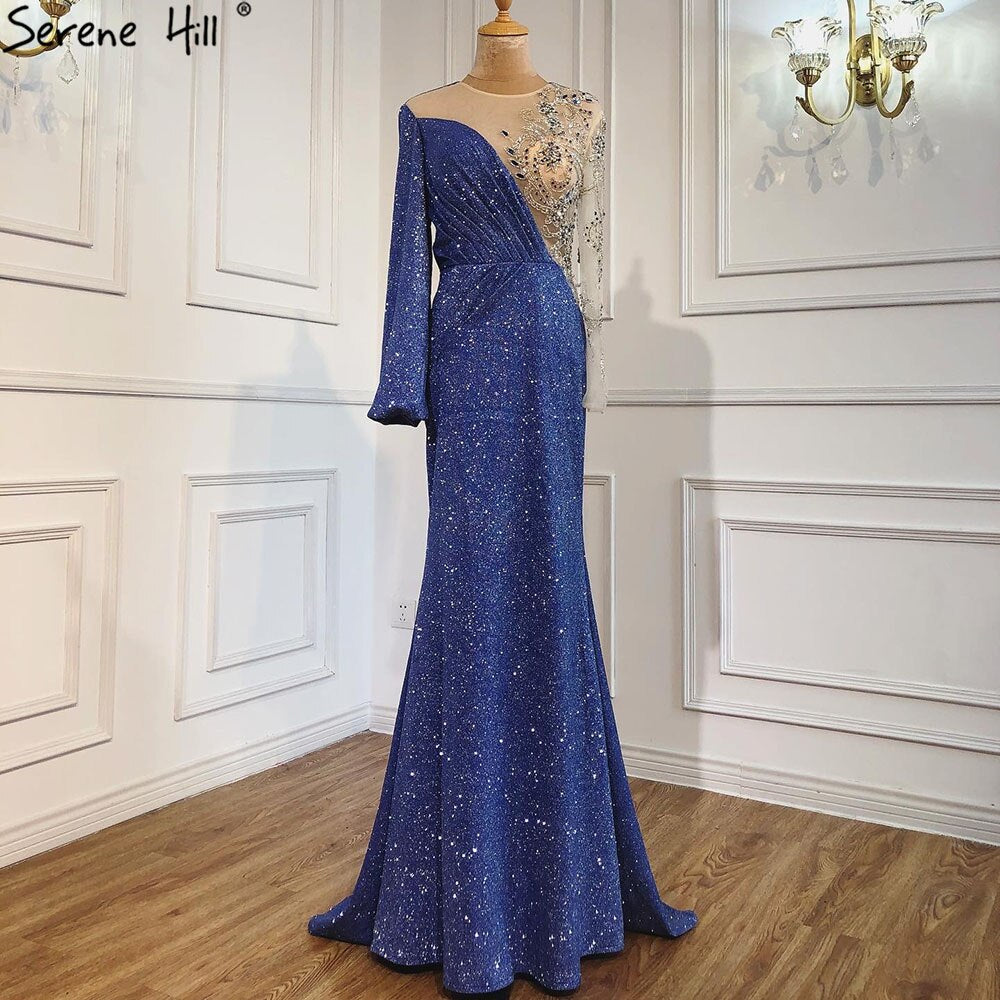 Vestido de noche azul sirena con escote redondo, estilo Dubái, mangas largas, apliques de cuentas y brillo, LA70759 