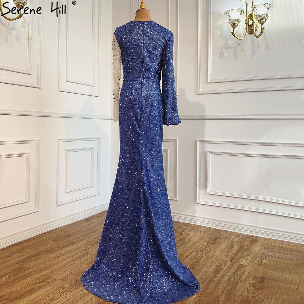 Vestido de noche azul sirena con escote redondo, estilo Dubái, mangas largas, apliques de cuentas y brillo, LA70759 