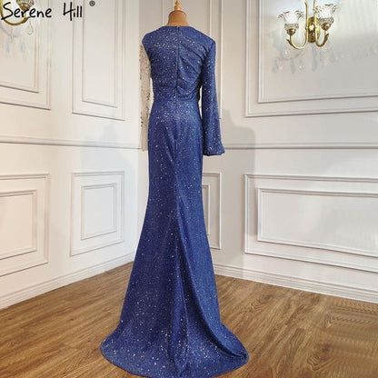 Vestido de noche azul sirena con escote redondo, estilo Dubái, mangas largas, apliques de cuentas y brillo, LA70759 
