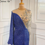 Vestido de noche azul sirena con escote redondo, estilo Dubái, mangas largas, apliques de cuentas y brillo, LA70759 