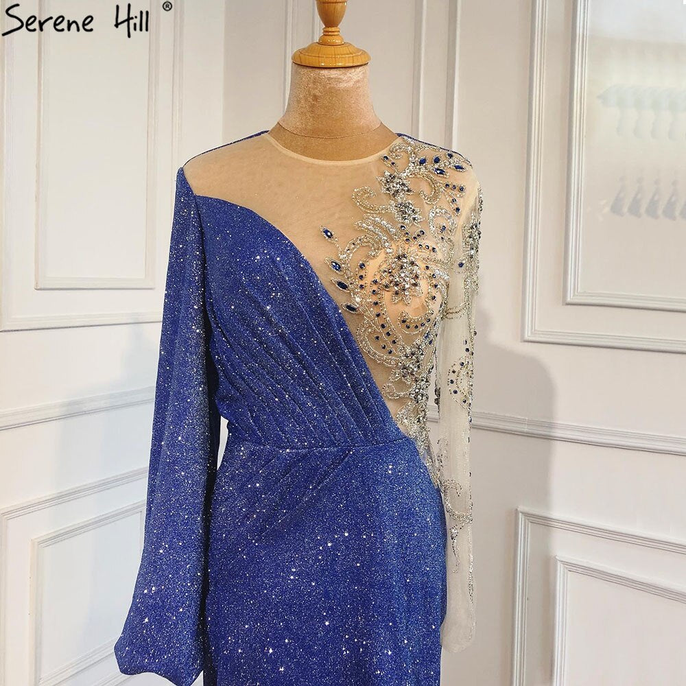 Vestido de noche azul sirena con escote redondo, estilo Dubái, mangas largas, apliques de cuentas y brillo, LA70759 