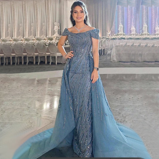 Sirena azul con hombros descubiertos Avond Jurken 2025 Luxe Kralen Overrok Elegant Voor Vrouw Party LA71566 