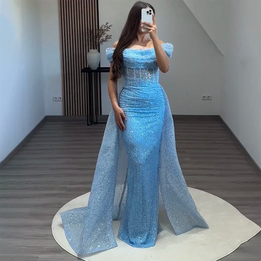 Vestido de noche azul de sirena con hombros descubiertos y sobrefalda con cuentas y lentejuelas para mujer, fiesta 2025 LA72204 