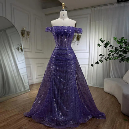 Vestido de noche azul de sirena con hombros descubiertos y sobrefalda con cuentas y lentejuelas para mujer, fiesta 2025 LA72204 