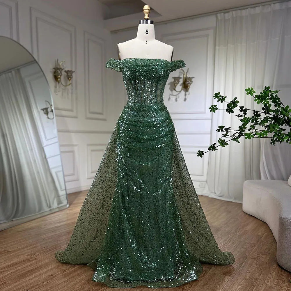 Vestido de noche azul de sirena con hombros descubiertos y sobrefalda con cuentas y lentejuelas para mujer, fiesta 2025 LA72204 