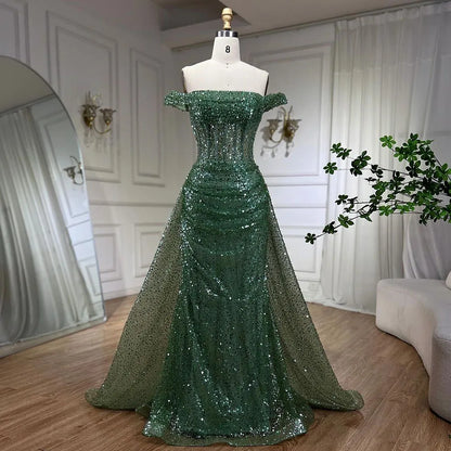 Vestido de noche azul de sirena con hombros descubiertos y sobrefalda con cuentas y lentejuelas para mujer, fiesta 2025 LA72204 