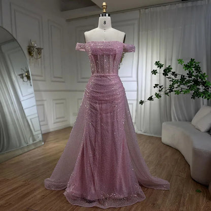 Vestido de noche azul de sirena con hombros descubiertos y sobrefalda con cuentas y lentejuelas para mujer, fiesta 2025 LA72204 