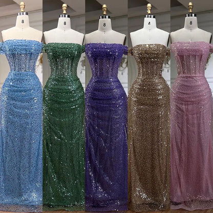 Vestido de noche azul de sirena con hombros descubiertos y sobrefalda con cuentas y lentejuelas para mujer, fiesta 2025 LA72204 