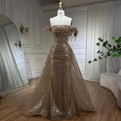 Vestido de noche azul de sirena con hombros descubiertos y sobrefalda con cuentas y lentejuelas para mujer, fiesta 2025 LA72204 
