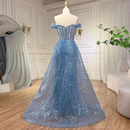 Vestido de noche azul de sirena con hombros descubiertos y sobrefalda con cuentas y lentejuelas para mujer, fiesta 2025 LA72204 