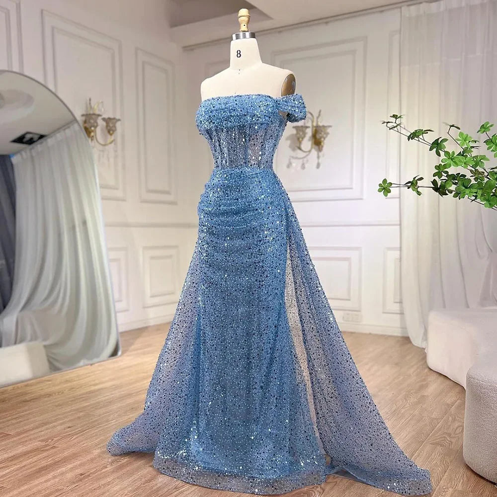 Vestido de noche azul de sirena con hombros descubiertos y sobrefalda con cuentas y lentejuelas para mujer, fiesta 2025 LA72204 