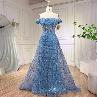 Vestido de noche azul de sirena con hombros descubiertos y sobrefalda con cuentas y lentejuelas para mujer, fiesta 2025 LA72204 