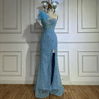 Blue Mermaid One Shoulder Beaded Evening Gown High Split and Feathers for Formal Occasion  2025 LA72347
