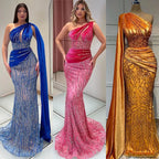 Blue Mermaid One Shoulder Elegant Cape Sleeve Beaded Luxury Evening Dresses Gowns For Women Party 2025 LA72323