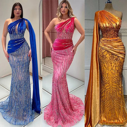 Vestido de noche elegante de sirena azul con un solo hombro y mangas estilo capa con cuentas, de lujo, para mujer, fiesta 2025 LA72323 