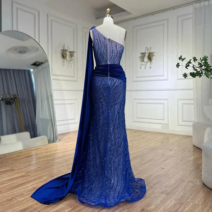 Vestido de noche elegante de sirena azul con un solo hombro y mangas estilo capa con cuentas, de lujo, para mujer, fiesta 2025 LA72323 