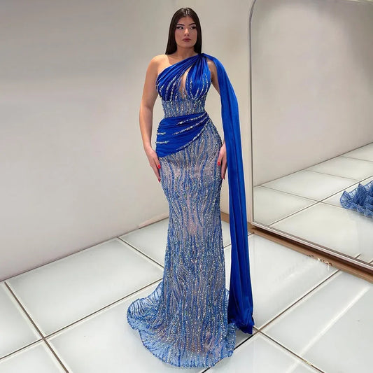 Vestido de noche elegante de sirena azul con un solo hombro y mangas estilo capa con cuentas, de lujo, para mujer, fiesta 2025 LA72323 