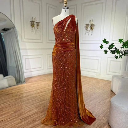 Vestido de noche elegante de sirena azul con un solo hombro y mangas estilo capa con cuentas, de lujo, para mujer, fiesta 2025 LA72323 