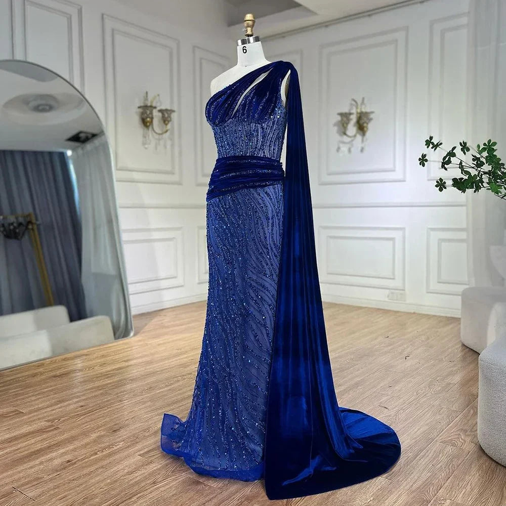 Vestido de noche elegante de sirena azul con un solo hombro y mangas estilo capa con cuentas, de lujo, para mujer, fiesta 2025 LA72323 