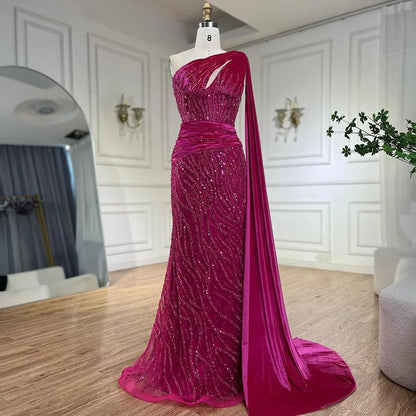Vestido de noche elegante de sirena azul con un solo hombro y mangas estilo capa con cuentas, de lujo, para mujer, fiesta 2025 LA72323 