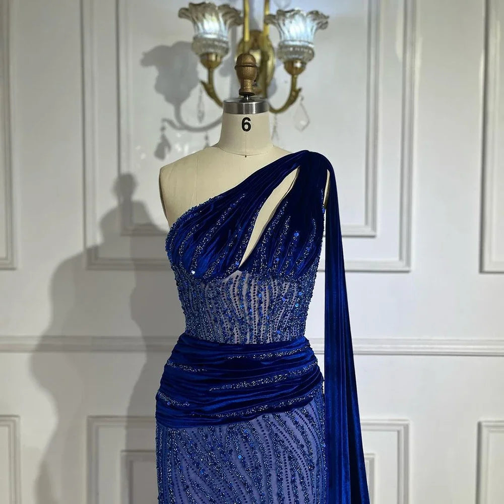 Vestido de noche elegante de sirena azul con un solo hombro y mangas estilo capa con cuentas, de lujo, para mujer, fiesta 2025 LA72323 