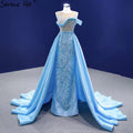 Blaue Meerjungfrau Überrock Abendkleider Kleider 2025 Perlen Elegante Luxus Satin Für Frauen Party HM67366 