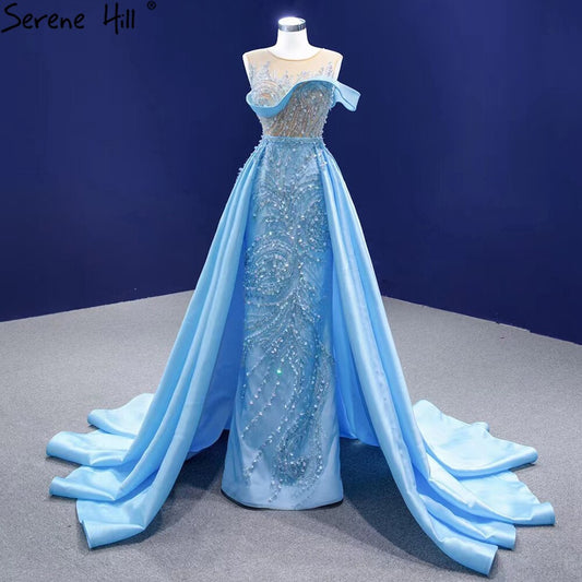 Vestido de noche azul con sobrefalda de sirena, elegante, de satén de lujo, con cuentas, para mujer, fiesta, HM67366 
