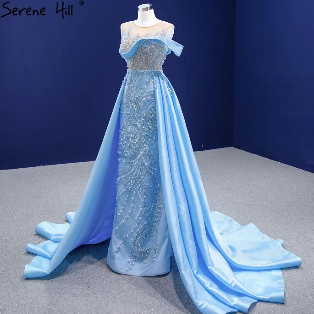 Blaue Meerjungfrau Überrock Abendkleider Kleider 2025 Perlen Elegante Luxus Satin Für Frauen Party HM67366 
