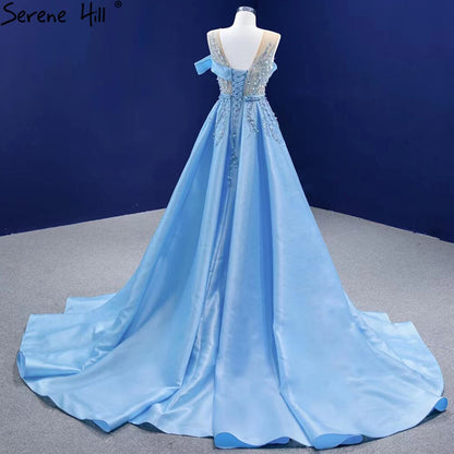 Vestido de noche azul con sobrefalda de sirena, elegante, de satén de lujo, con cuentas, para mujer, fiesta, HM67366 