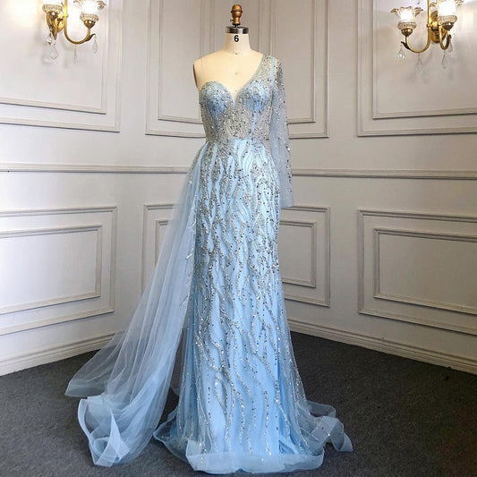 Blaue Meerjungfrau Sexy Elegant Eine Schulter Abendkleider Kleider Perlen Luxus 2025 Für Frauen Party LA71629 