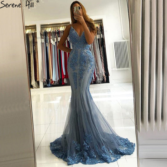 Blaue Meerjungfrau Sexy Abendkleider Ärmellos Perlen Spitze High-end Abendkleid Design LA70724 
