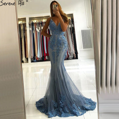 Blaue Meerjungfrau Sexy Abendkleider Ärmellos Perlen Spitze High-end Abendkleid Design LA70724 