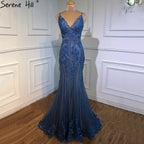 Vestido de noche azul sirena sexy sin mangas con encaje y cuentas, vestido formal de alta gama, diseño LA70724 