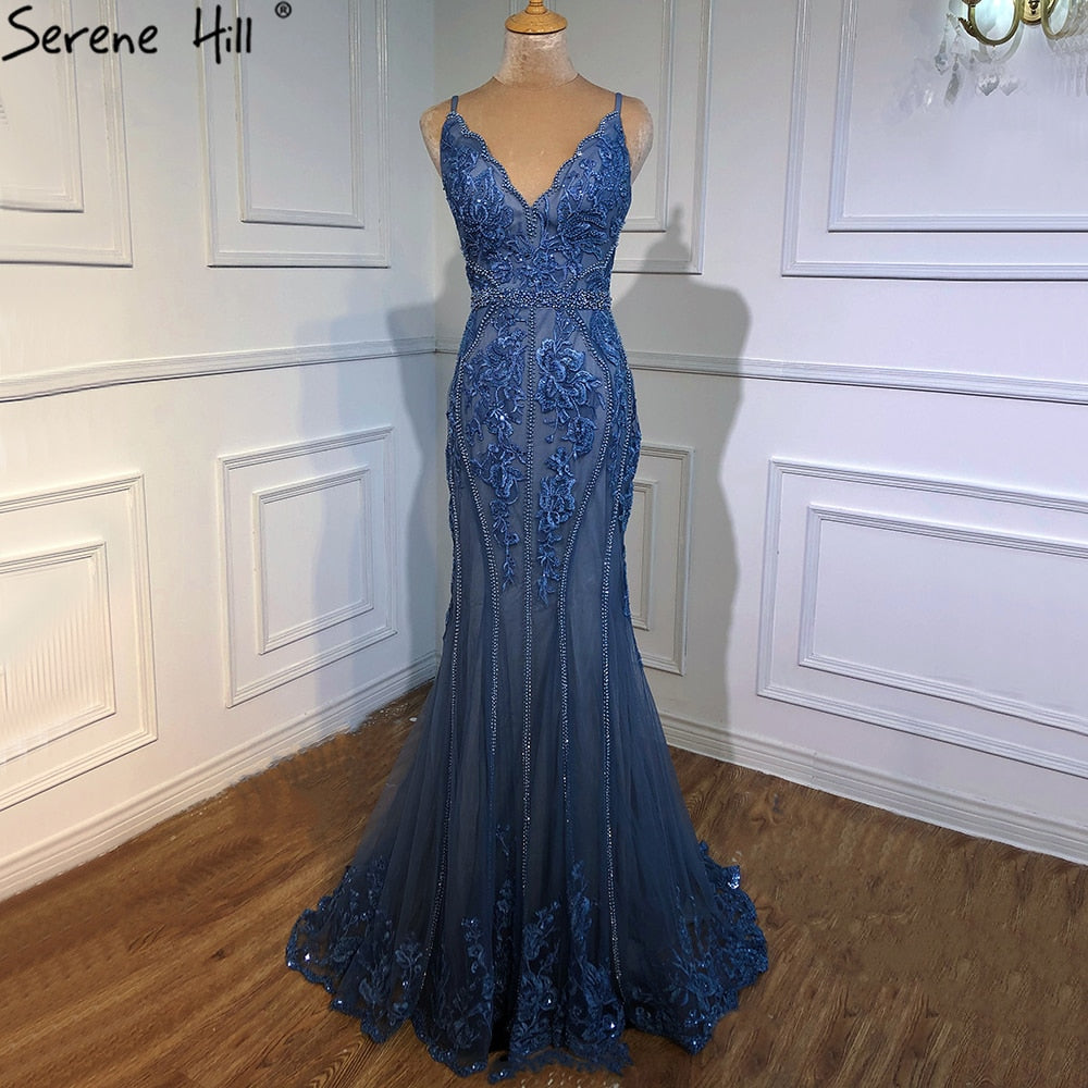Blaue Meerjungfrau Sexy Abendkleider Ärmellos Perlen Spitze High-end Abendkleid Design LA70724 