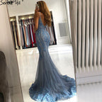 Vestido de noche azul sirena sexy sin mangas con encaje y cuentas, vestido formal de alta gama, diseño LA70724 