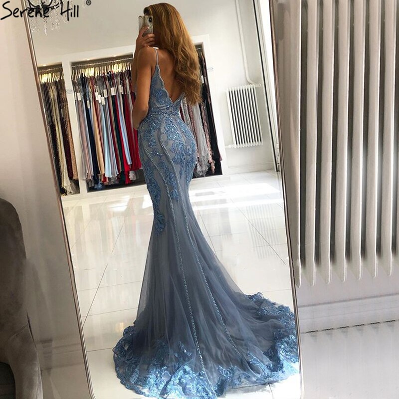 Blaue Meerjungfrau Sexy Abendkleider Ärmellos Perlen Spitze High-end Abendkleid Design LA70724 
