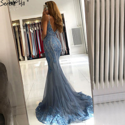 Blaue Meerjungfrau Sexy Abendkleider Ärmellos Perlen Spitze High-end Abendkleid Design LA70724 
