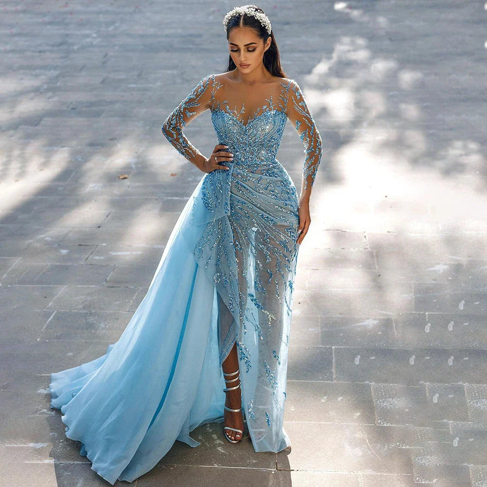 Zum Verkauf keine Rückgabe keine Rückerstattung Blaue Meerjungfrau Sexy High Split Elegant mit Rock Spitze Perlen Abendkleider Kleider für Frauen Party 2025 LA71781 