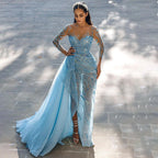 Zum Verkauf keine Rückgabe keine Rückerstattung Blaue Meerjungfrau Sexy High Split Elegant mit Rock Spitze Perlen Abendkleider Kleider für Frauen Party 2025 LA71781 