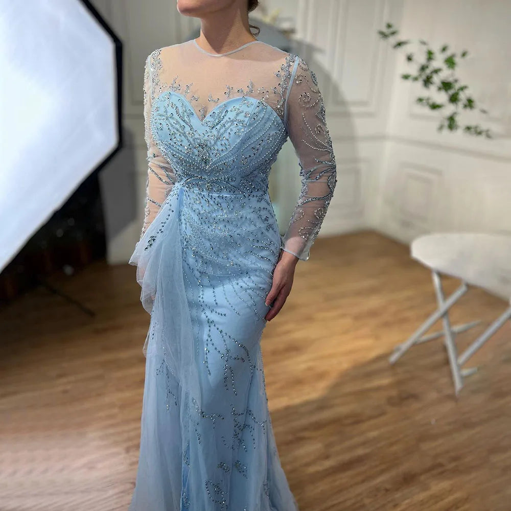 Zum Verkauf keine Rückgabe keine Rückerstattung Blaue Meerjungfrau Sexy High Split Elegant mit Rock Spitze Perlen Abendkleider Kleider für Frauen Party 2025 LA71781 